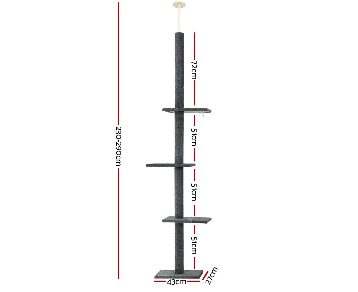 I.Pet Cat Tree 290Cm Tower Scratching Post Scratcher Floor to Ceiling Cats Bed Grey
