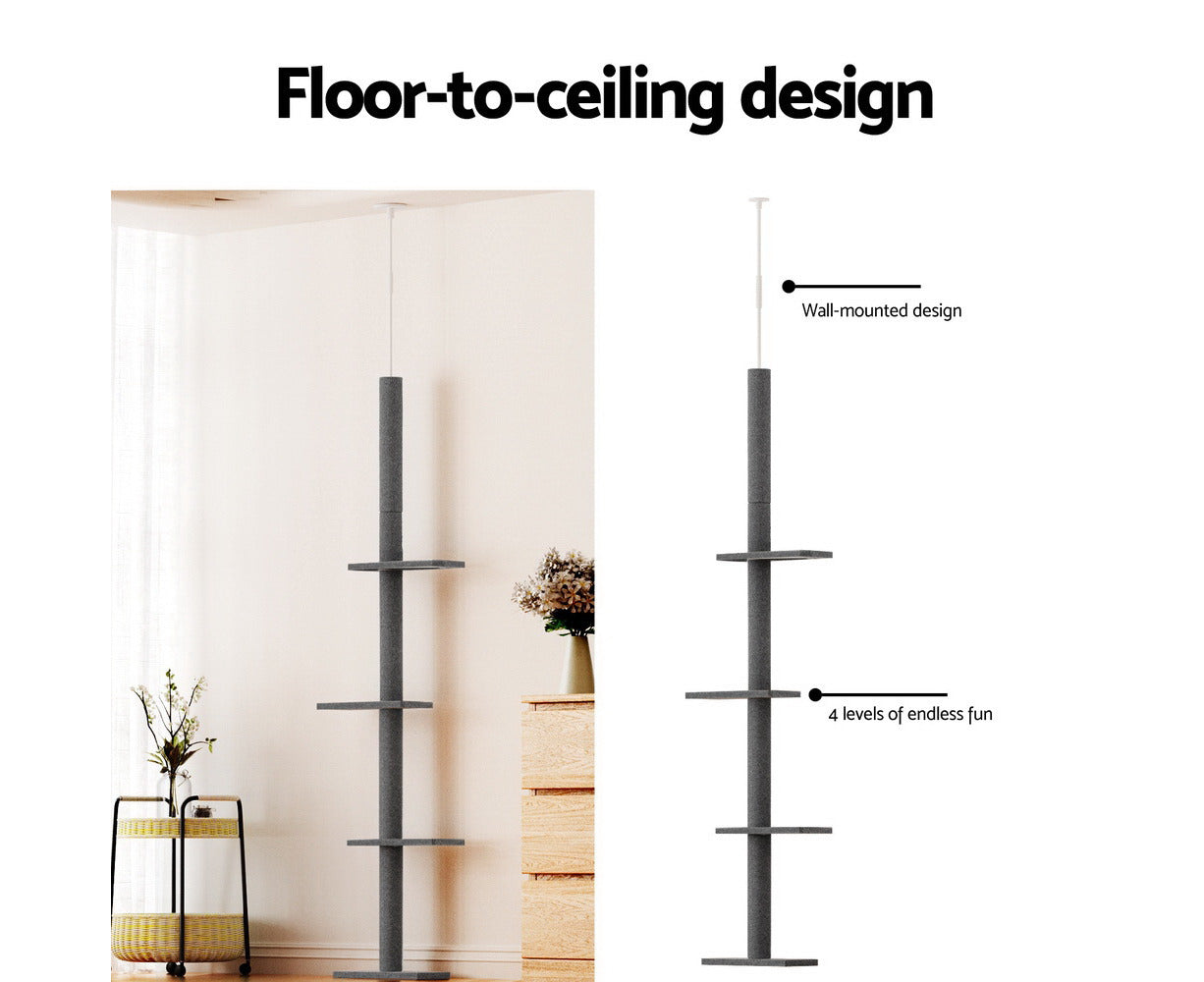 I.Pet Cat Tree 290Cm Tower Scratching Post Scratcher Floor to Ceiling Cats Bed Grey