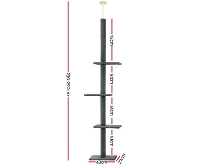 I.Pet Cat Tree 290Cm Tower Scratching Post Scratcher Floor to Ceiling Cats Bed Grey