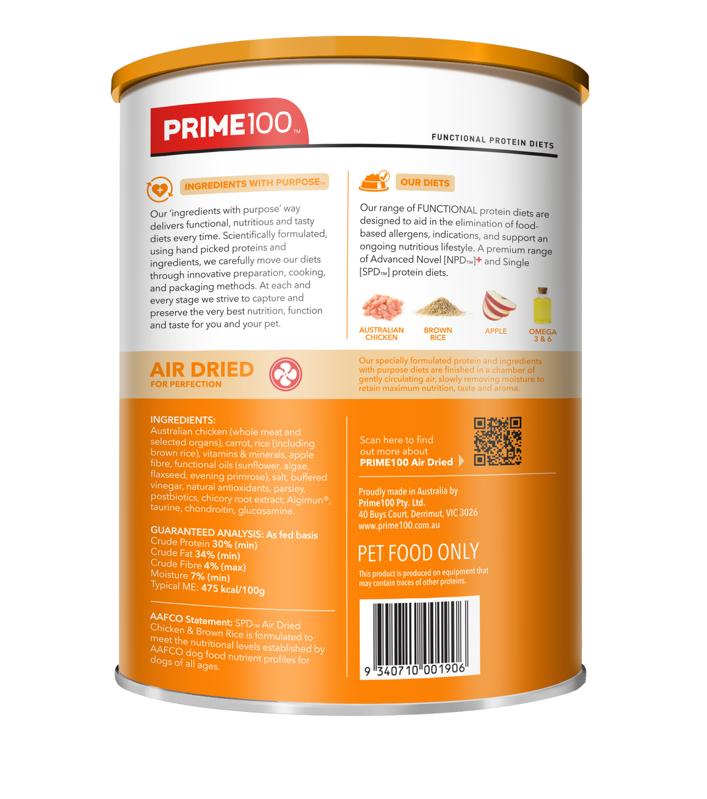 Prime100 SPD Chicken & Brown Rice Air Dried Dog Food