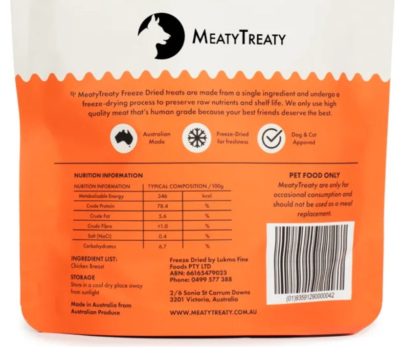 Back packaging panel of a MeatyTreaty pet food product, showing the brand logo, product description, nutrition information table, storage instructions, barcode, and website on an orange and white background.