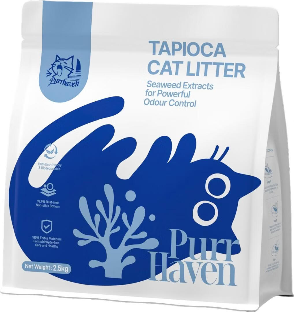 Purr Haven tapioca cat litter package with blue and white design