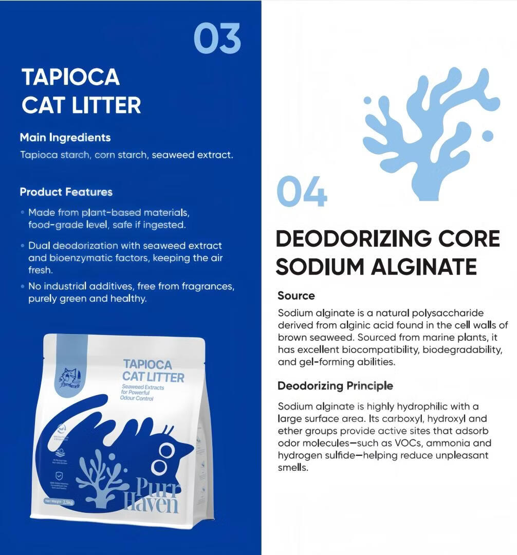 Product packaging for Tapioca cat litter with blue and white design.