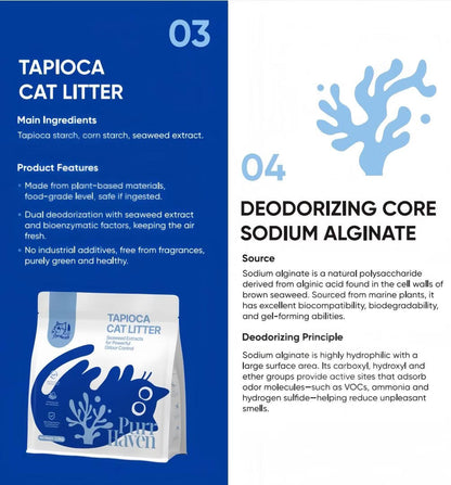 Product packaging for Tapioca cat litter with blue and white design.