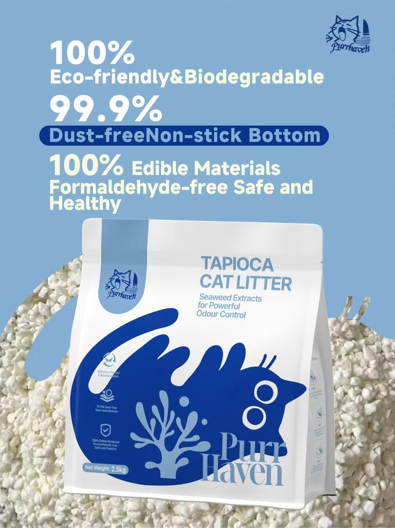 Pur Haven tapioca cat litter package with product features on a blue background