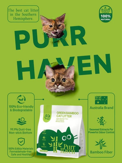 Purr Haven cat litter packaging with two cats on a green background