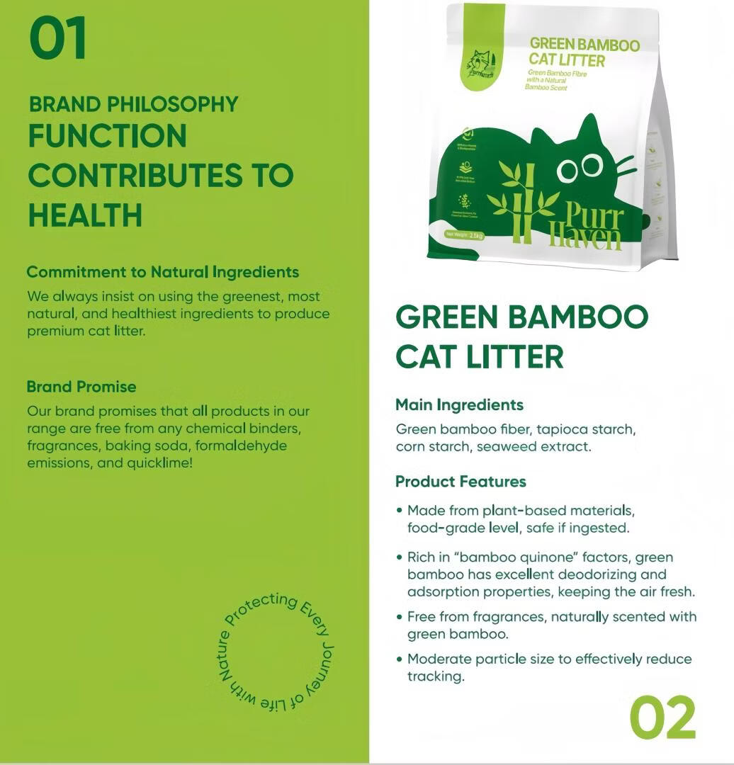 Green Bamboo Cat Litter packaging with text on a green and white background