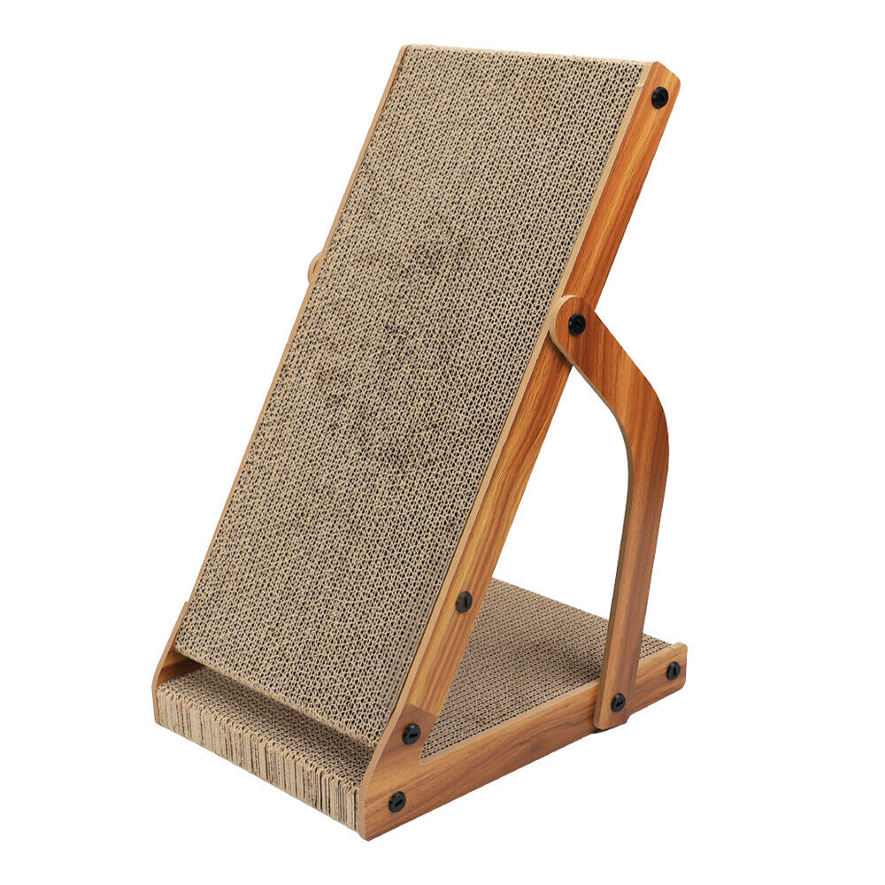 Wooden cat scratcher with textured surface on a white background