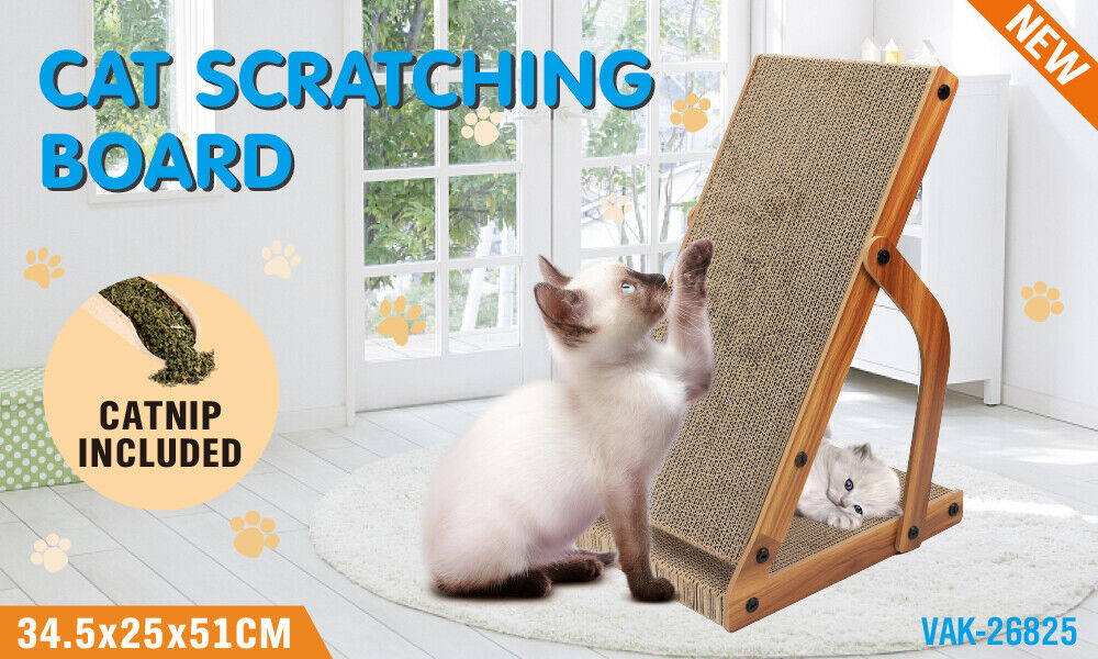 Cat scratching board with catnip included, featuring two cats interacting with it.