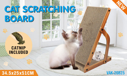 Cat scratching board with catnip included, featuring two cats interacting with it.