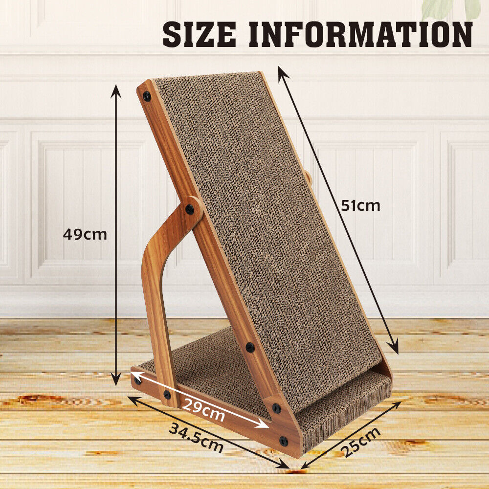 Wooden cat scratcher with dimensions labeled on a wooden floor.
