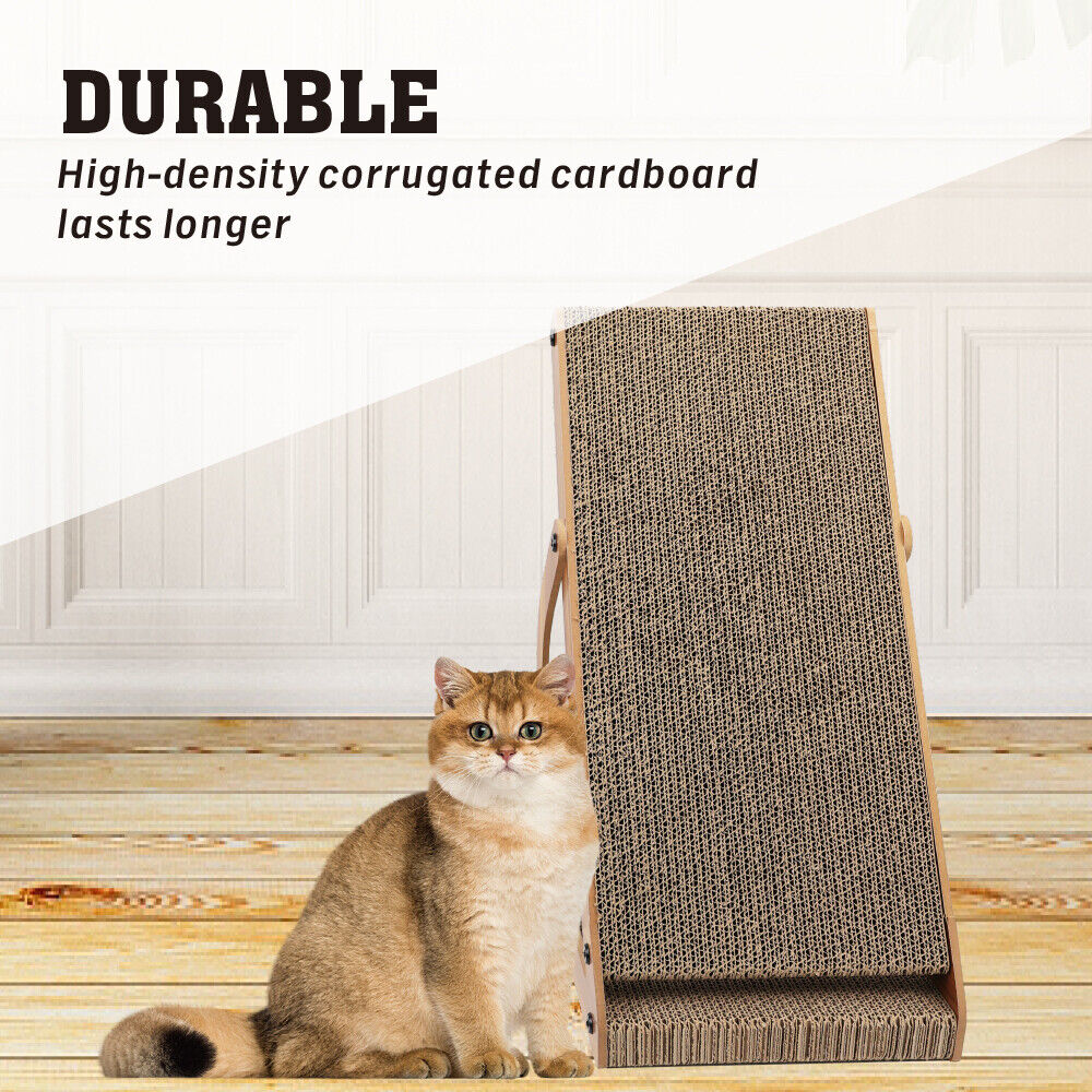 Cat sitting next to a cat scratcher with text about durability.