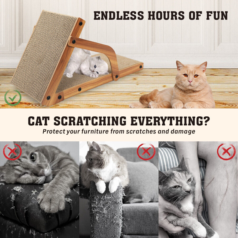 Cat scratching post with text about protecting furniture from scratches, featuring one cat on the scratcher and one beside it