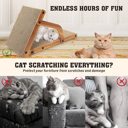 Cat scratching post with text about protecting furniture from scratches, featuring one cat on the scratcher and one beside it
