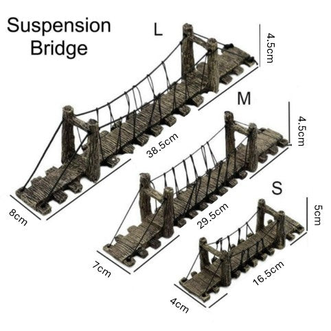 Model suspension bridge with measurements labeled on a white background