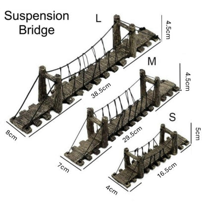 Model suspension bridge with measurements labeled on a white background