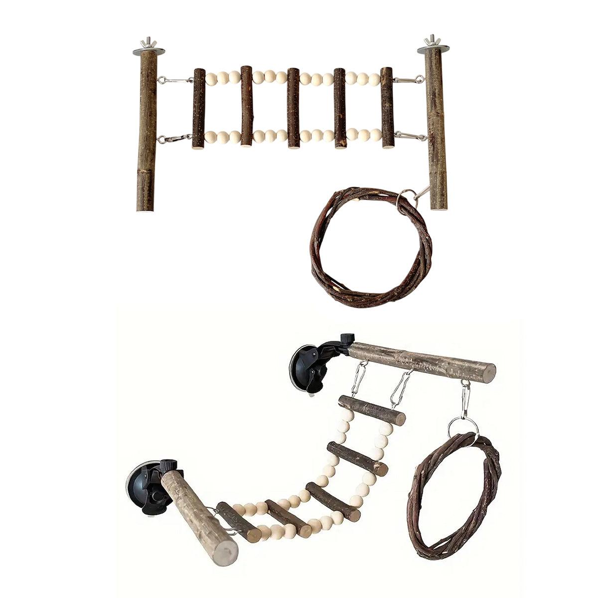 Wooden Parrot Stand Climbing Ladder Swing Toy for Birds Cage  - Nut Washer Fixed Type