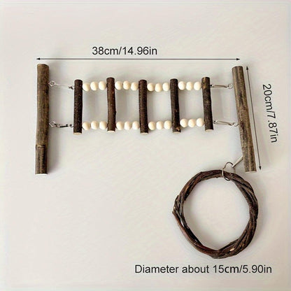 Wooden climbing ladder with measurements on a white background