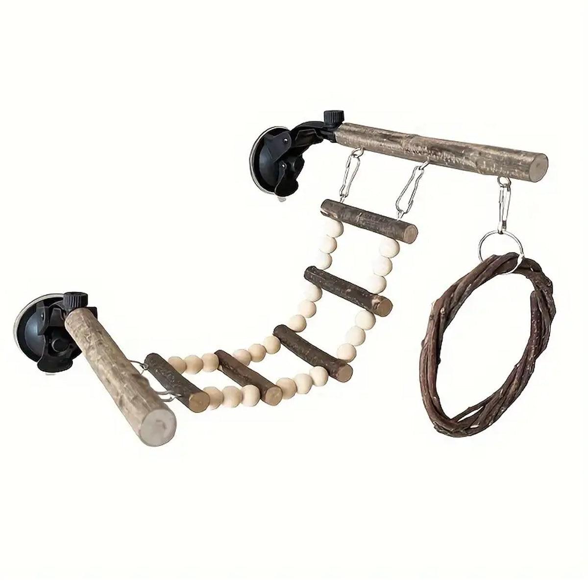 Wooden Parrot Stand Climbing Ladder Swing Toy for Birds Cage  - Nut Washer Fixed Type