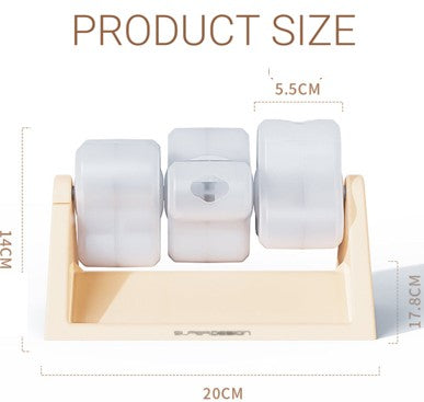 Measurement chart showing dimensions of a product with a wooden stand and cylindrical items.