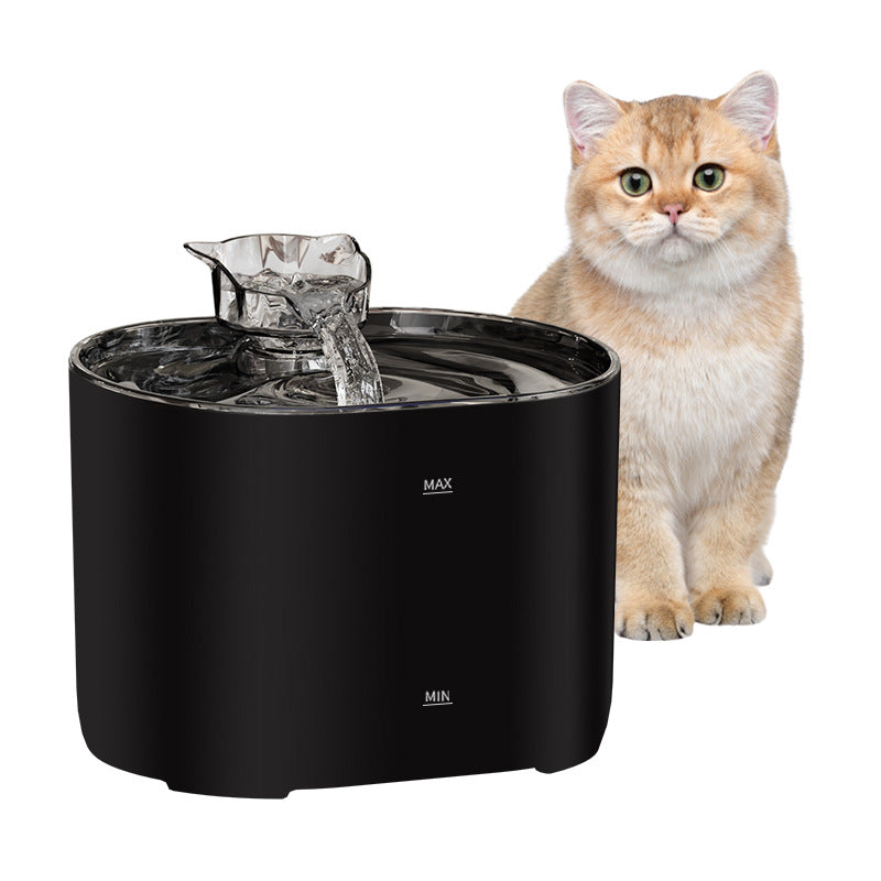 Black pet fountain with a cat sitting next to it on a white background