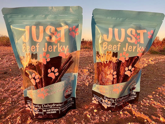 Two packages of Just Beef Jerky on a natural background